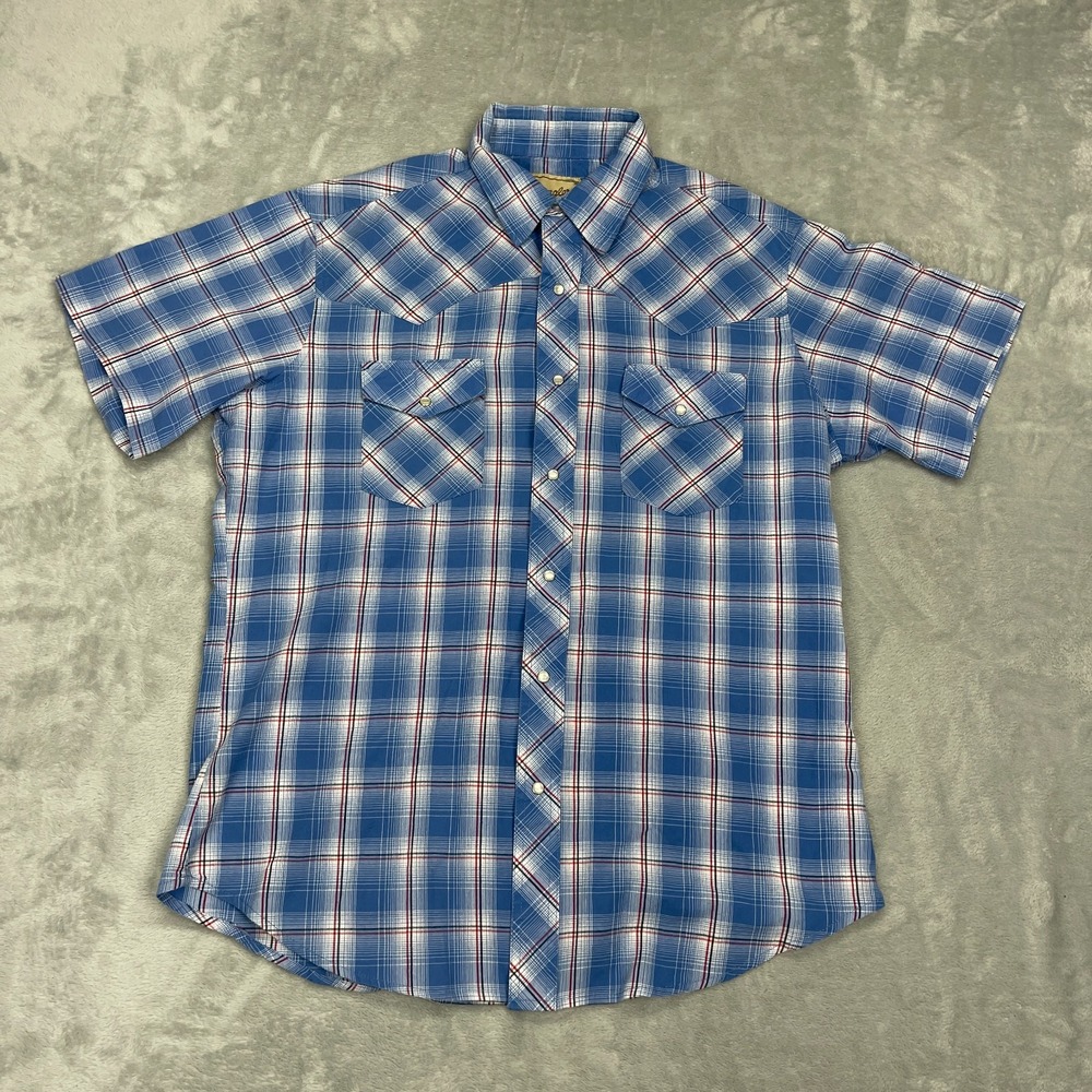 Wrangler Shirt Mens L Blue Plaid Short Sleeve Western Cowboy Pearl Snap Front